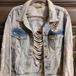 Stone wash ripped blue jean jacket